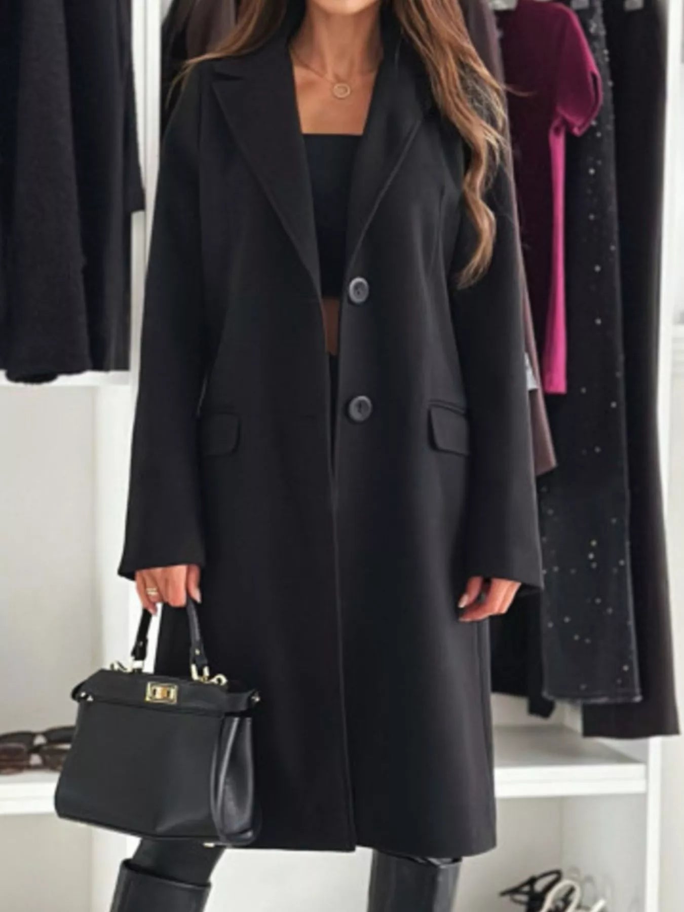 Lapel Collar Long Sleeve Coat Black OutfitFlow