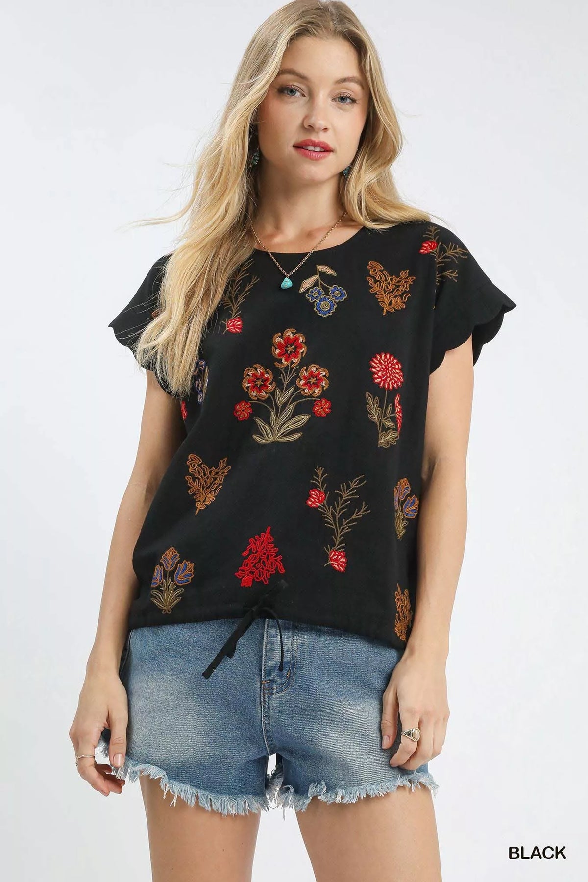Umgee Embroidered Scallop Sleeve Top with Drawstring Hem BLACK OutfitFlow