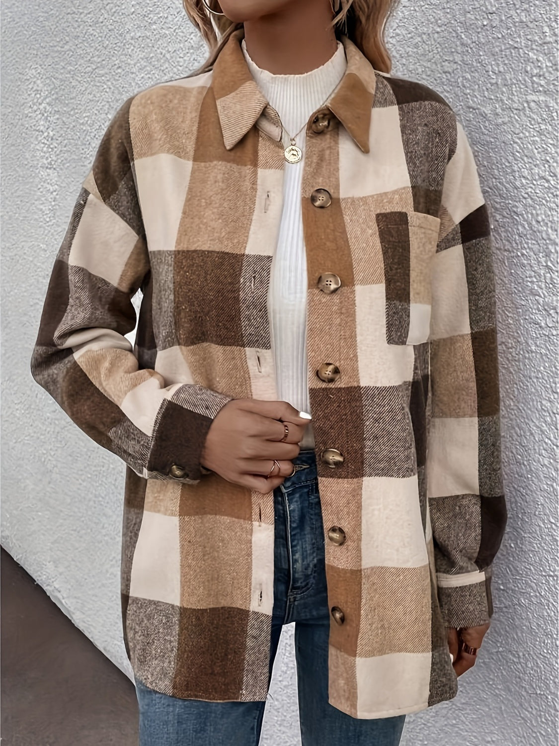 Outfit Flow - Curved Hem Plaid Collared Neck Shacket