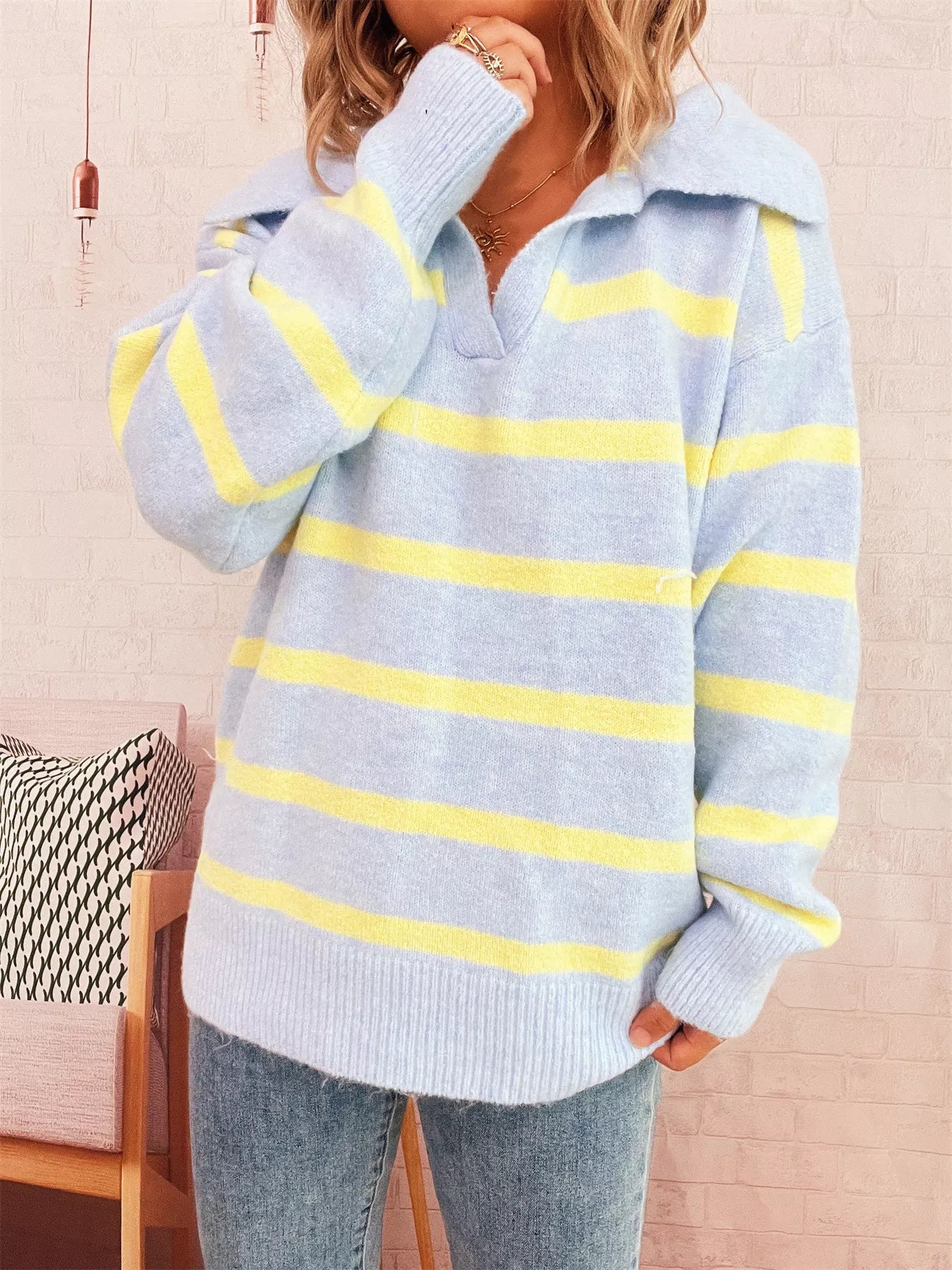 Striped Dropped Shoulder Sweater Light Blue One Size OutfitFlow