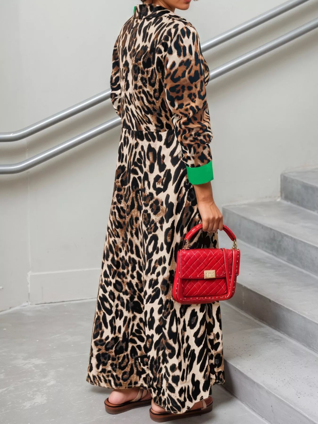 Leopard Print Long Sleeve Shirt Dress with Contrast Trim OutfitFlow