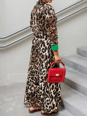Leopard Print Long Sleeve Shirt Dress with Contrast Trim OutfitFlow