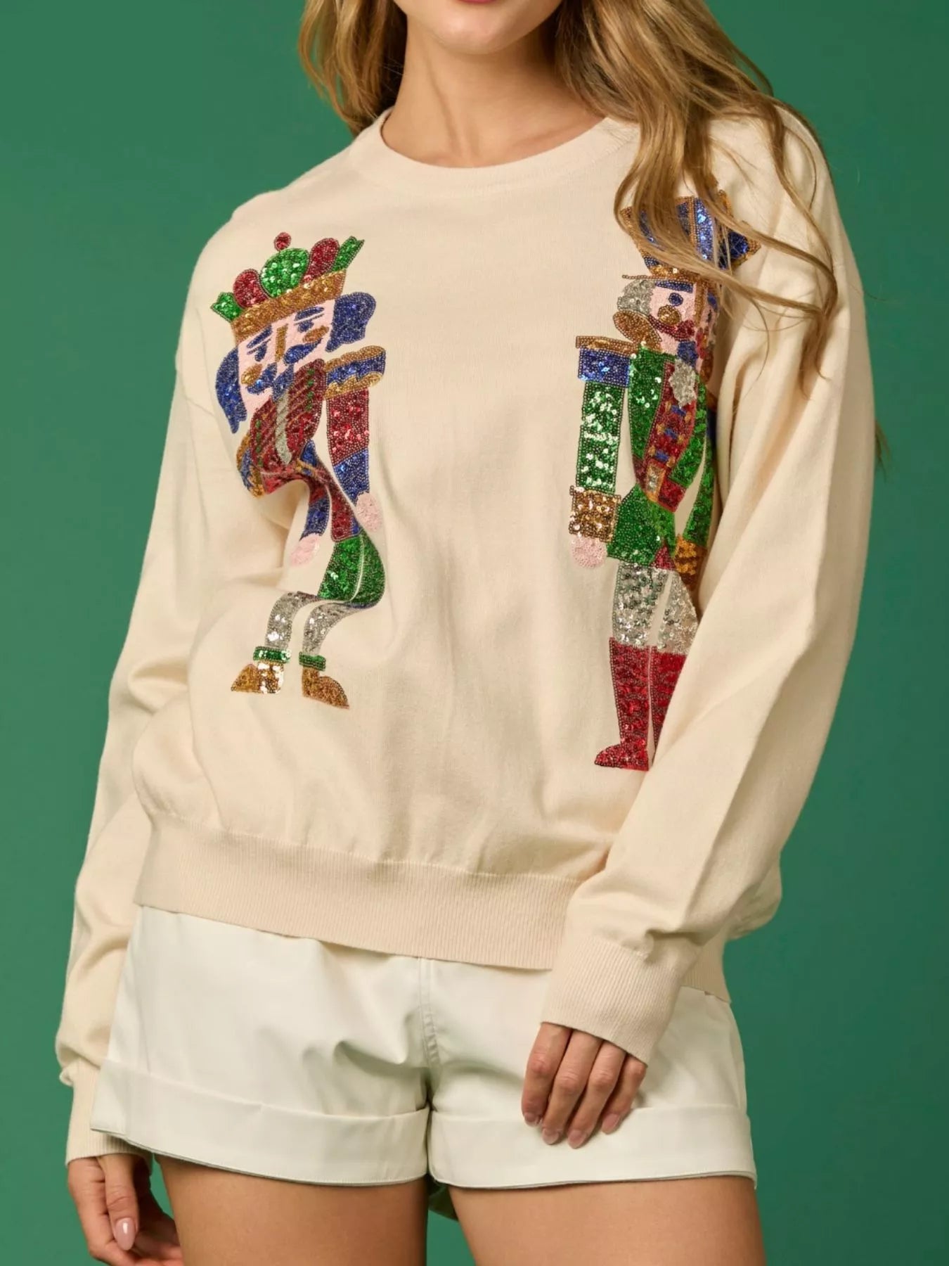 Sequined Nutcracker Long Sleeve Sweatshirt Apricot OutfitFlow