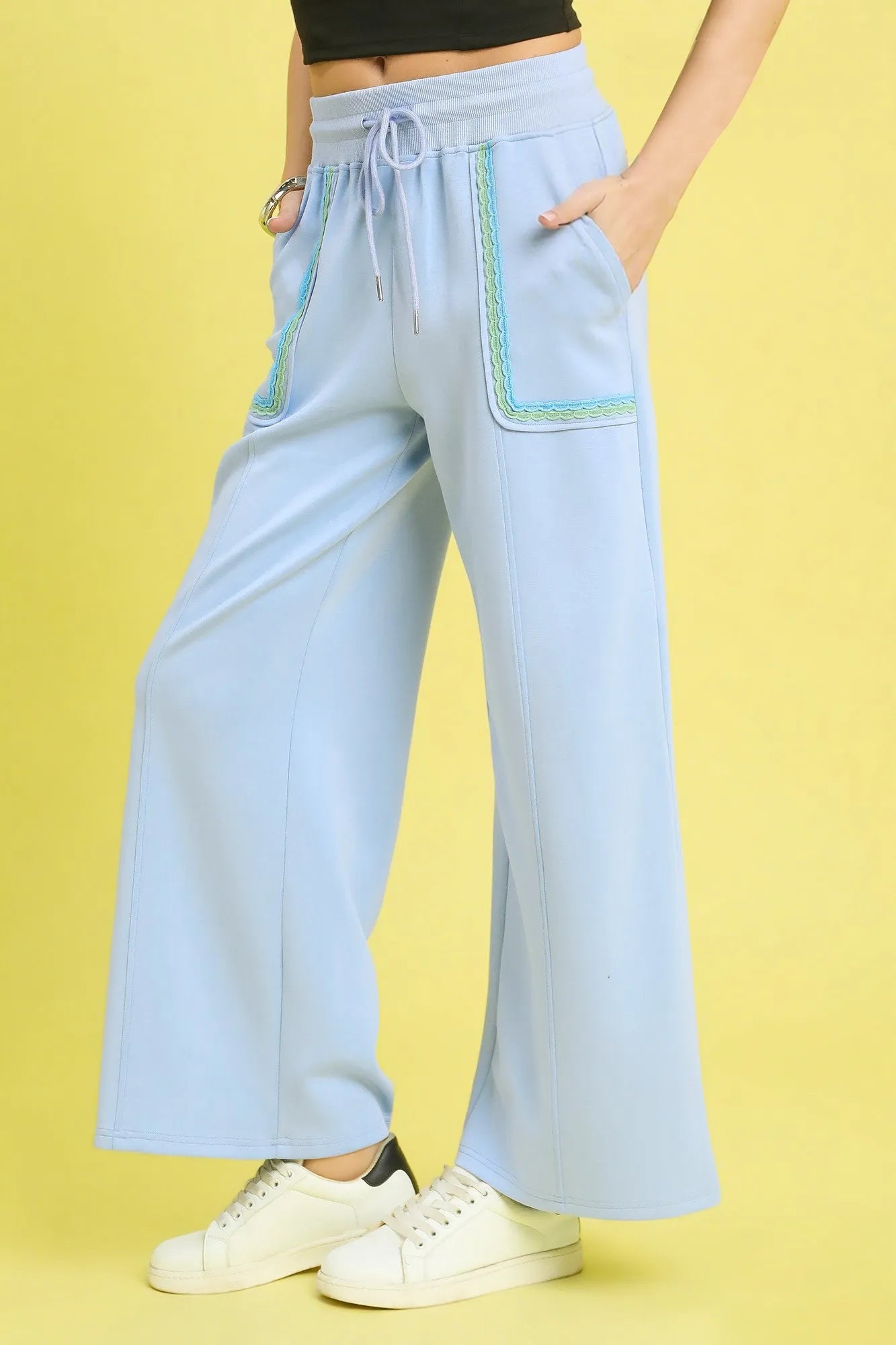 Umgee Drawstring Wide Leg Pants with Scallop Trim Detail OutfitFlow