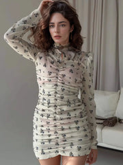 Printed Ruched Long Sleeve Mini Dress White OutfitFlow