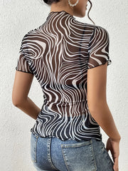 Psychedelic Wave Print Mock Neck T-Shirt OutfitFlow