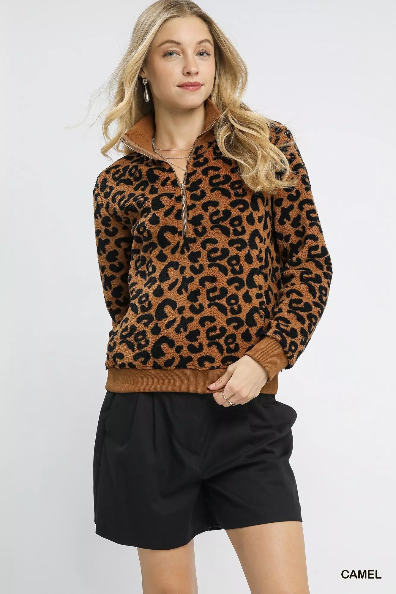 Umgee Leopard Print Quarter-Zip Sweatshirt OutfitFlow