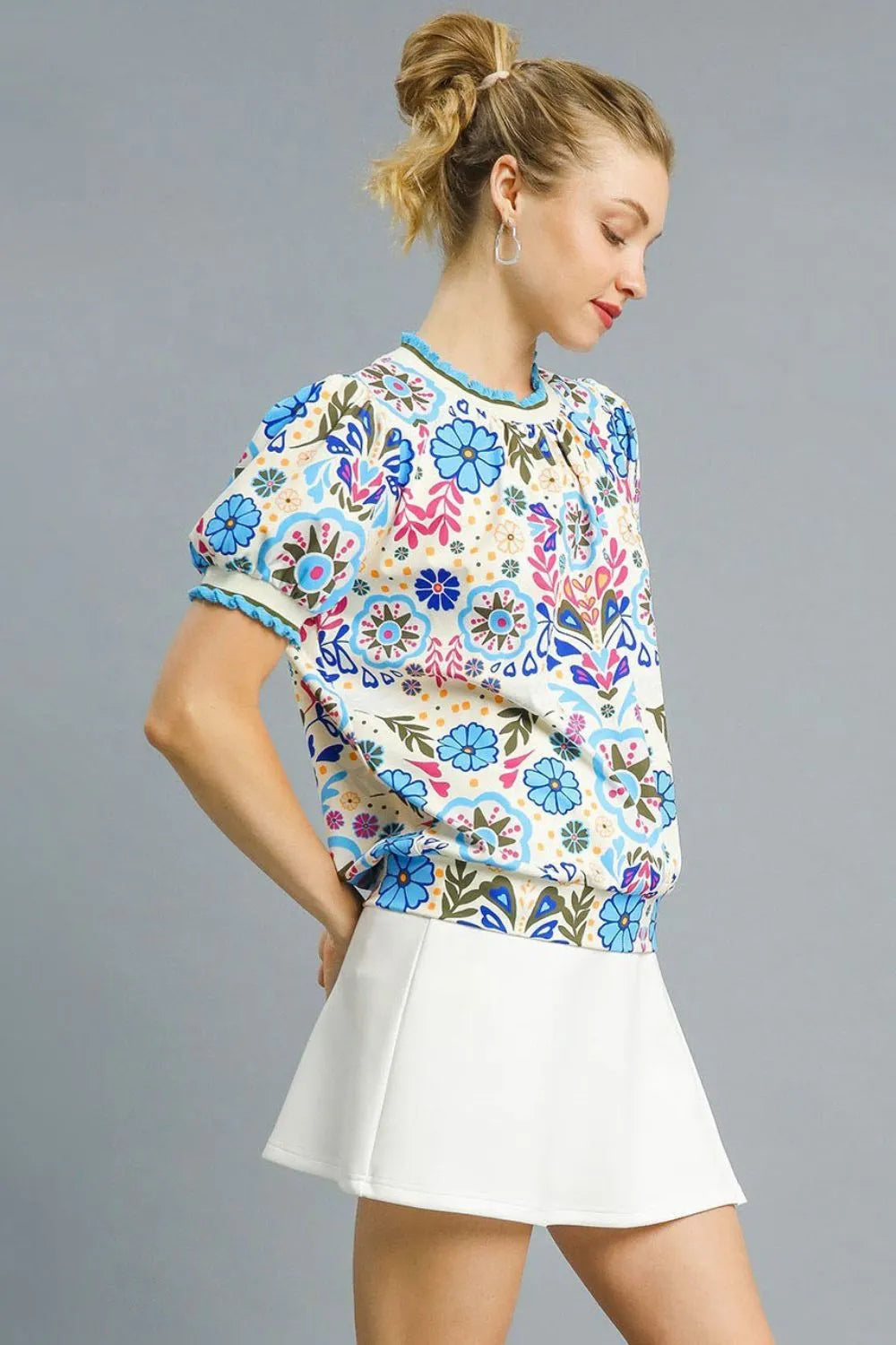 Umgee Retro Floral Puff Sleeve Top OutfitFlow