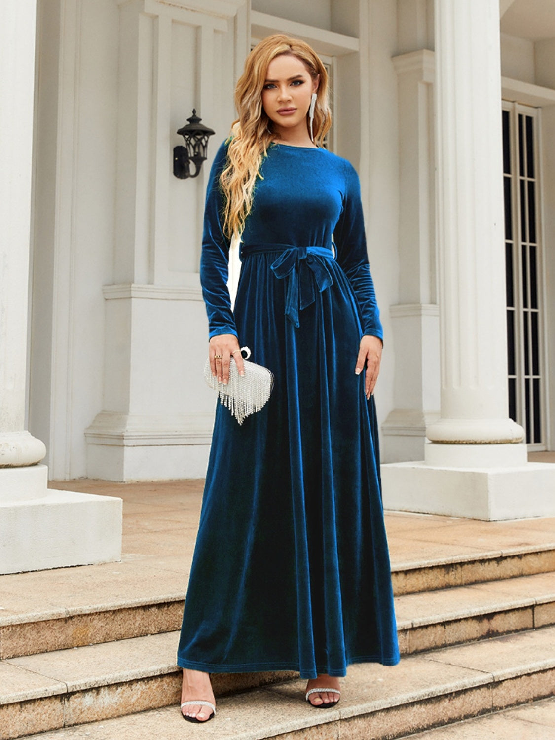 Tie Front Round Neck Long Sleeve Maxi Dress - Outfit Flow Tie Front Round Neck Long Sleeve Maxi Dress - Outfit Flow
