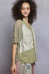 POL Button Down V-Neck Jacket with Printed Woven Patchwork OutfitFlow