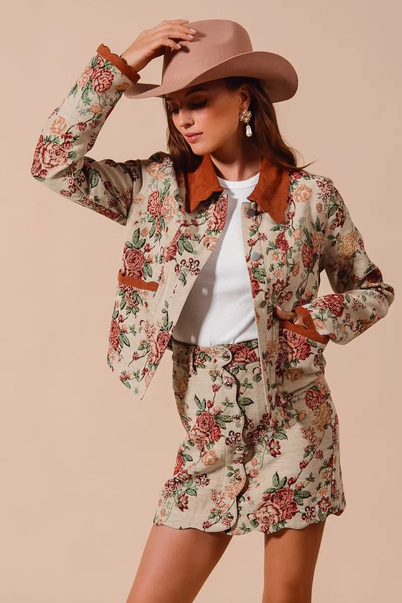 SO ME Floral Jacquard Button Front Mini Skirt with Scall Trendsi