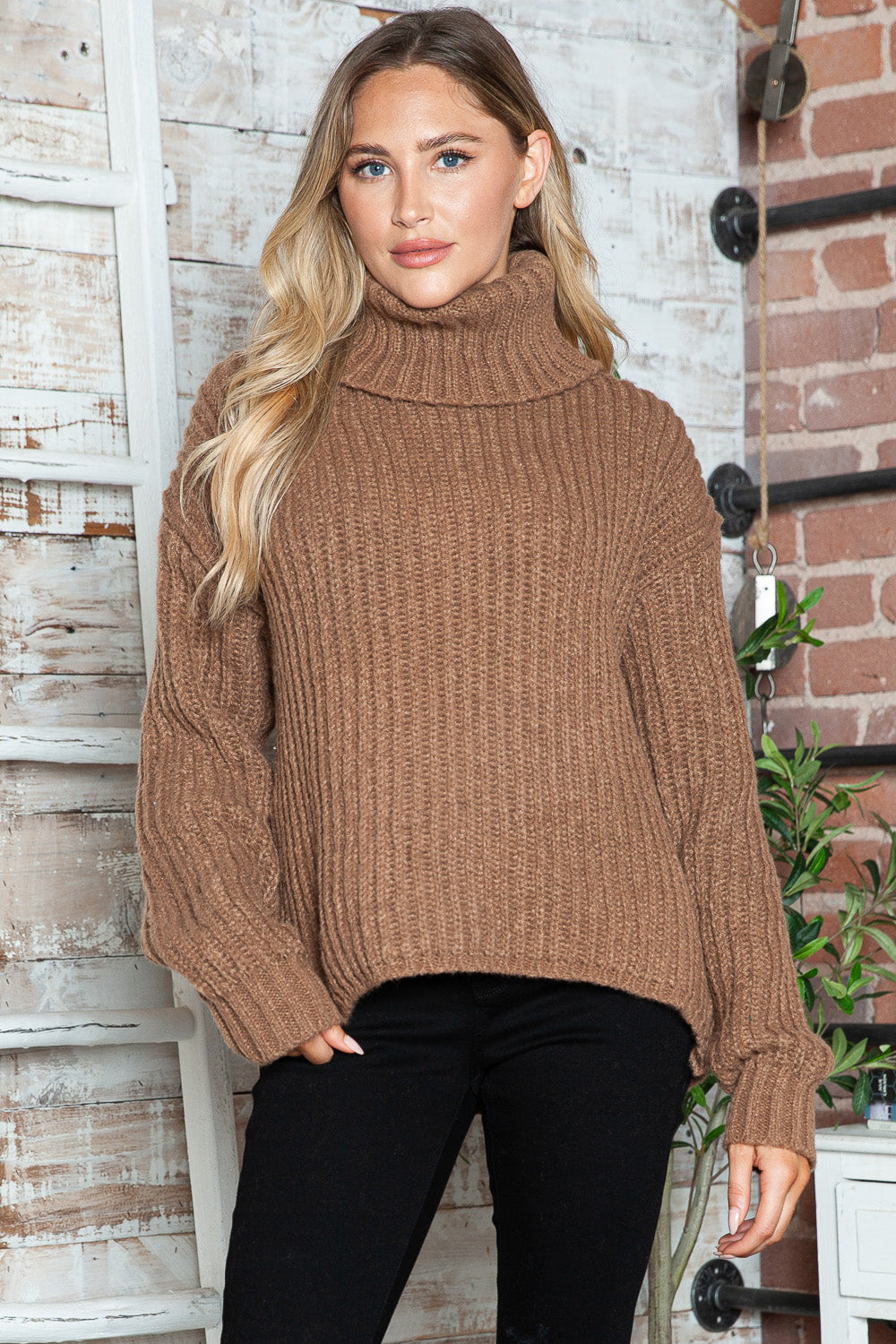 Turtleneck Dropped Shoulder Pullover Sweater