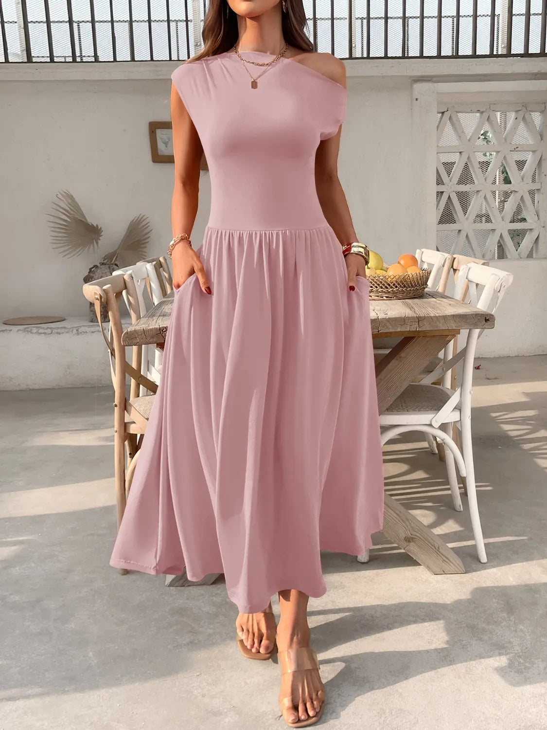 Single Shoulder Dress with Pockets Dusty Pink OutfitFlow