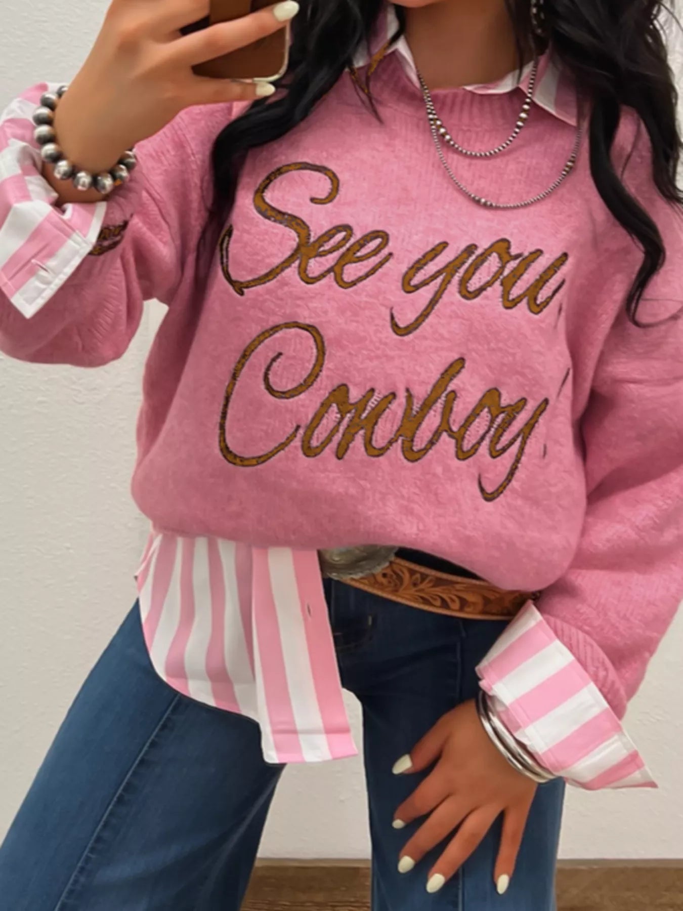 See You Cowboy Round Neck Sweater OutfitFlow