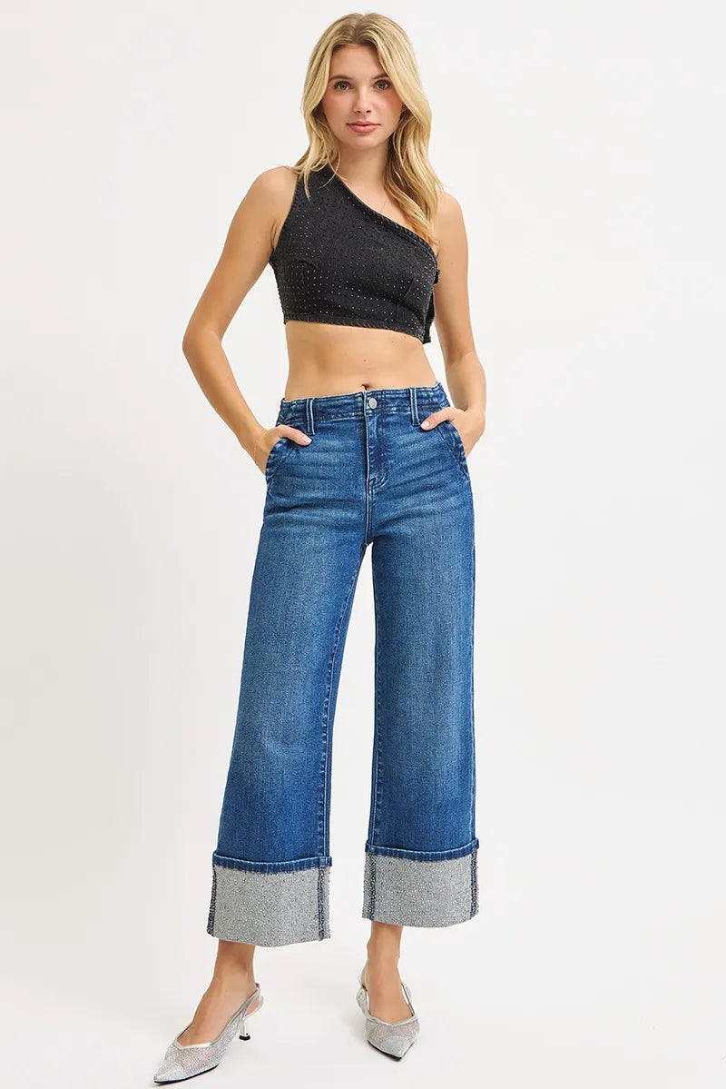 RISEN High Rise Ankle Wide Rhine Stone Cuffed Jeans Trendsi