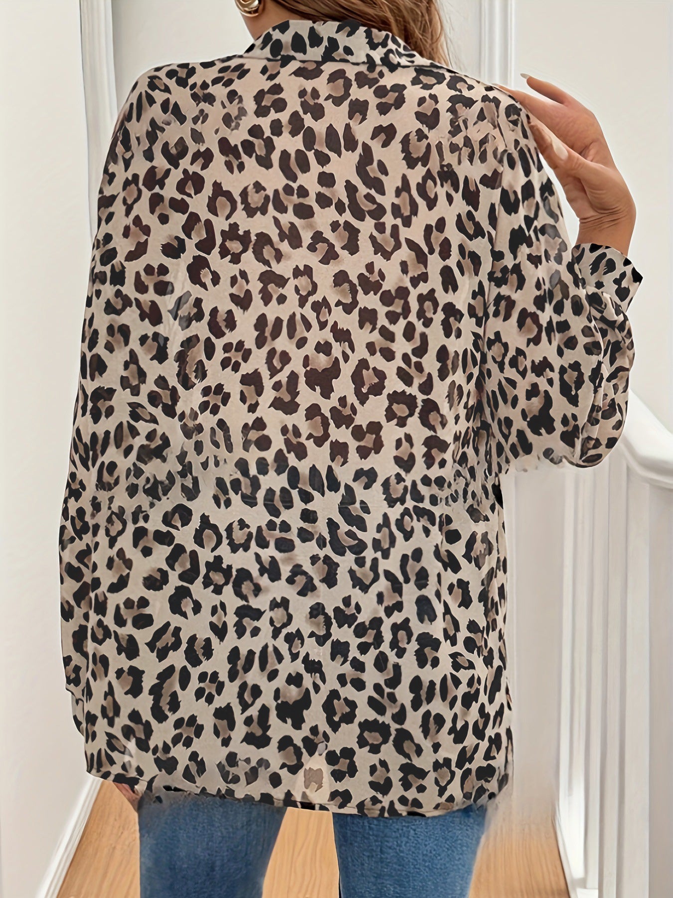 Leopard Collared Neck Long Sleeve Shirt