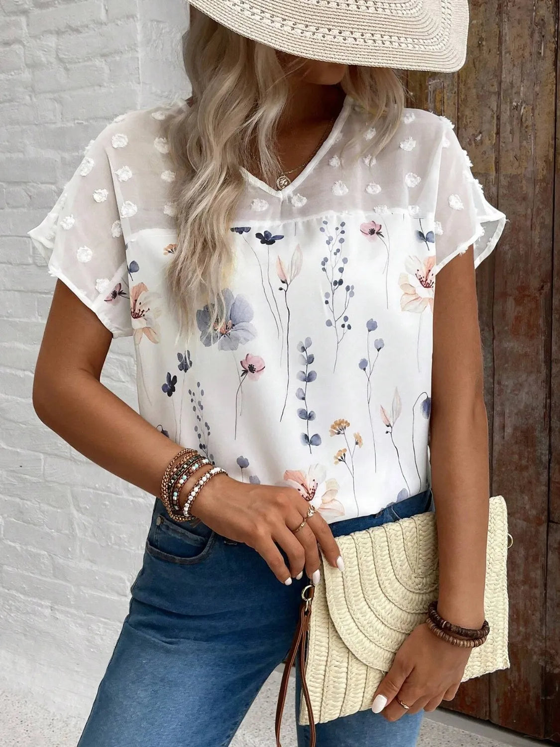 Floral Print V-Neck Flutter Sleeve Casual Top OutfitFlow