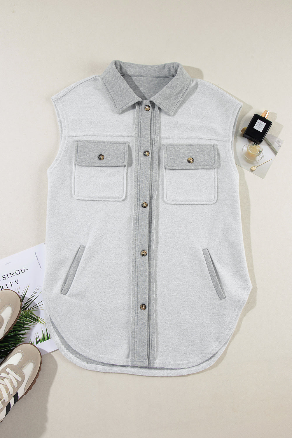 Outfit Flow - Pocketed Curved Hem Button Up Vest