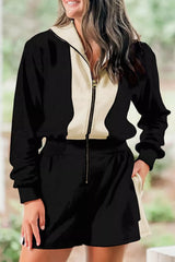 Two-Tone Zip-Up Romper Black OutfitFlow