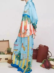 Tropical Print Button Down Shirt and Pants Set OutfitFlow