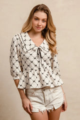 BiBi Bow Prints-patterns Ruffle Collar Details Peplum Top IVORY OutfitFlow