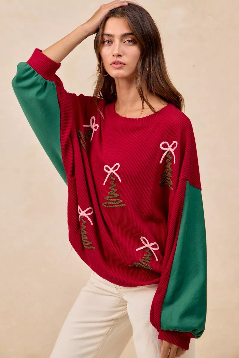 BiBi Christmas Theme Tree Embroidered Sweater OutfitFlow