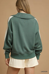 Umgee Contrast Long Sleeve Sweatshirt with Collar OutfitFlow