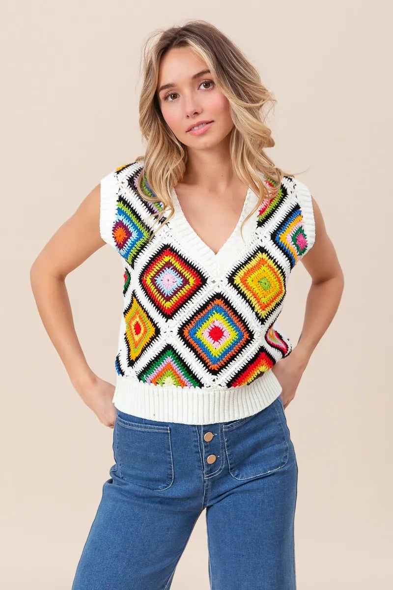 BiBi Diamond Granny Square Sweater Vest OutfitFlow