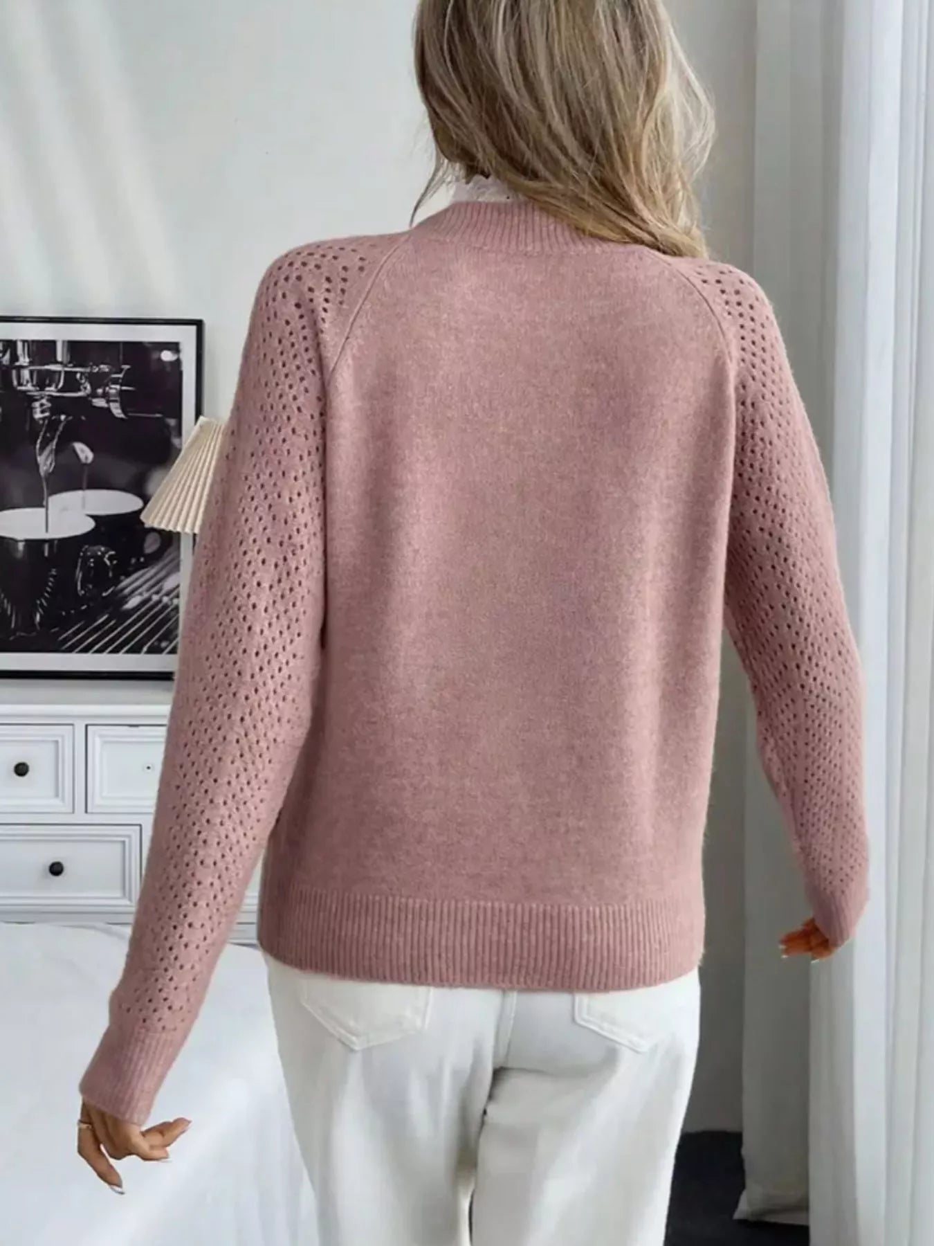 Lace Trim Button Detail Openwork Long Sleeve Sweater OutfitFlow