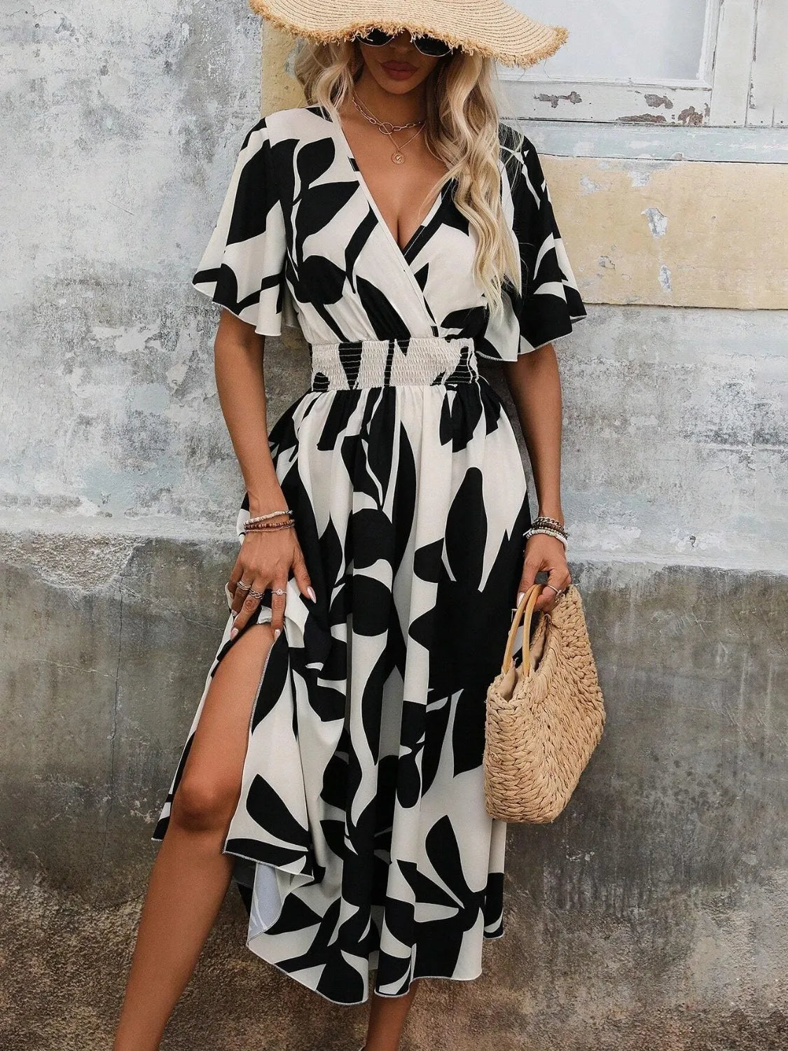 Printed Surplice Short Sleeve Midi Dress OutfitFlow