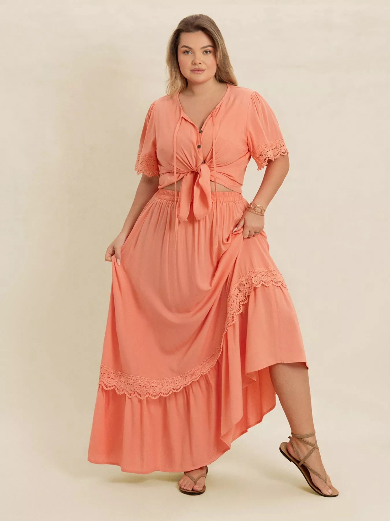 Plus Size Lace Detail Tie Neck Top and Skirt Set OutfitFlow