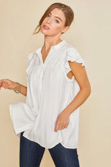 Annie Wear Ruffle Sleeve Shirred Flowy Woven Tunic Shirts OutfitFlow