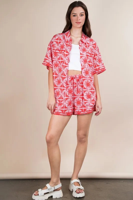 VERY J Full Size Tropical Printed Shirt Top and Shorts Set Plus Size OutfitFlow