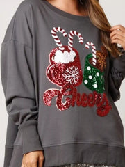 Christmas Sequin High-Low Round Neck Sweatshirt Grey OutfitFlow