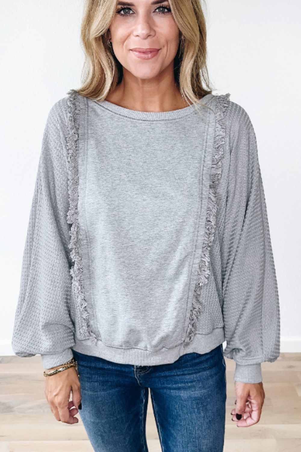 Raw Hem Round Neck Long Sleeve Sweatshirt