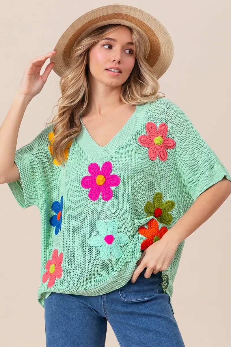 BiBi Flower Patches Dolman Sleeve Lightweight Sweater Trendsi