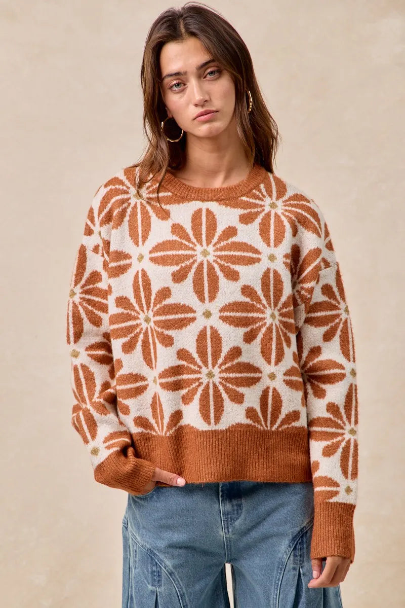 BiBi Flower Pattern Long Sleeve Sweater OutfitFlow