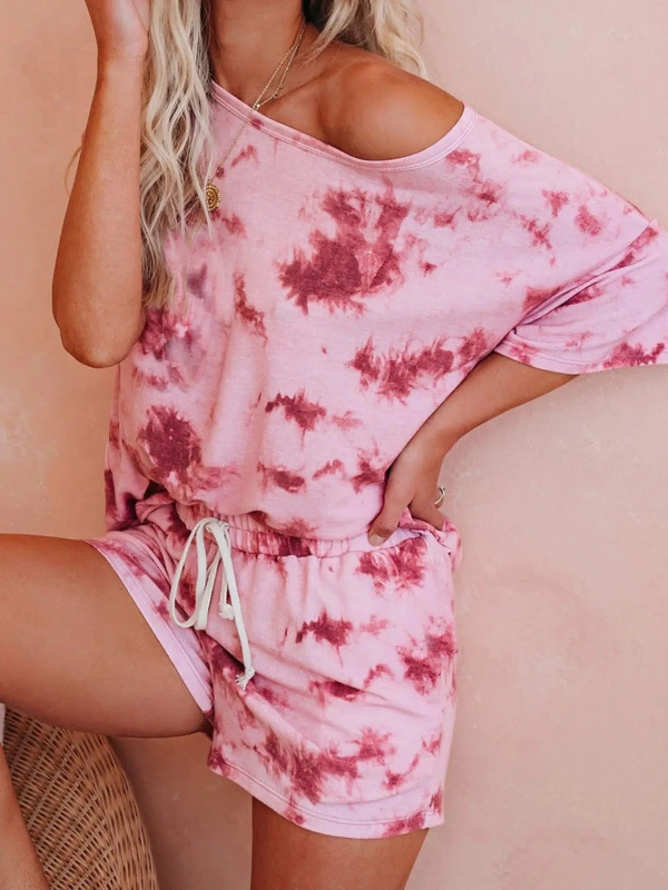 Tie-Dye Boat Neck Top and Shorts Set OutfitFlow