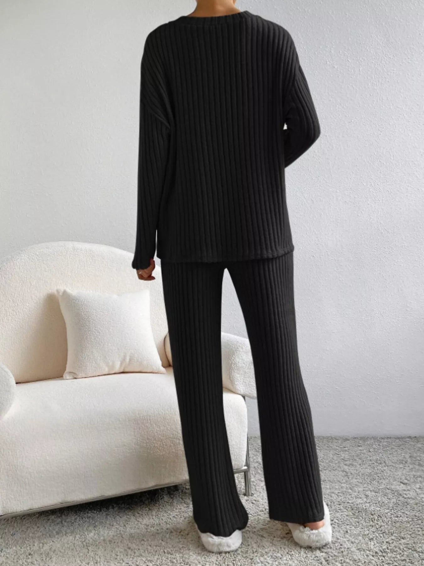 Ribbed Knit Long Sleeve Top and Pants Set OutfitFlow