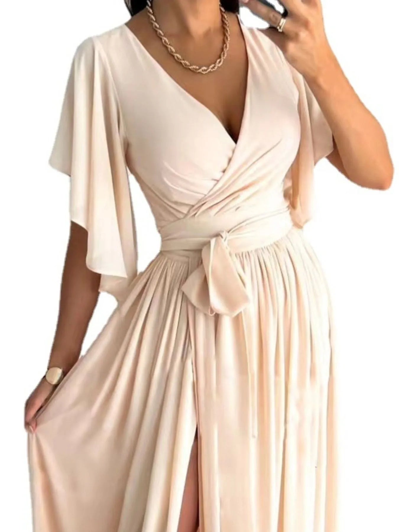 Flutter Sleeve Surplice Tie Waist Dress OutfitFlow