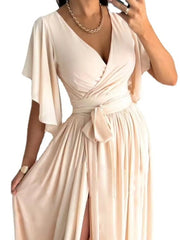 Flutter Sleeve Surplice Tie Waist Dress OutfitFlow
