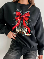 Howdy Christmas Ribbon Bow Knot Western Boots Graphic Sweatshirt OutfitFlow