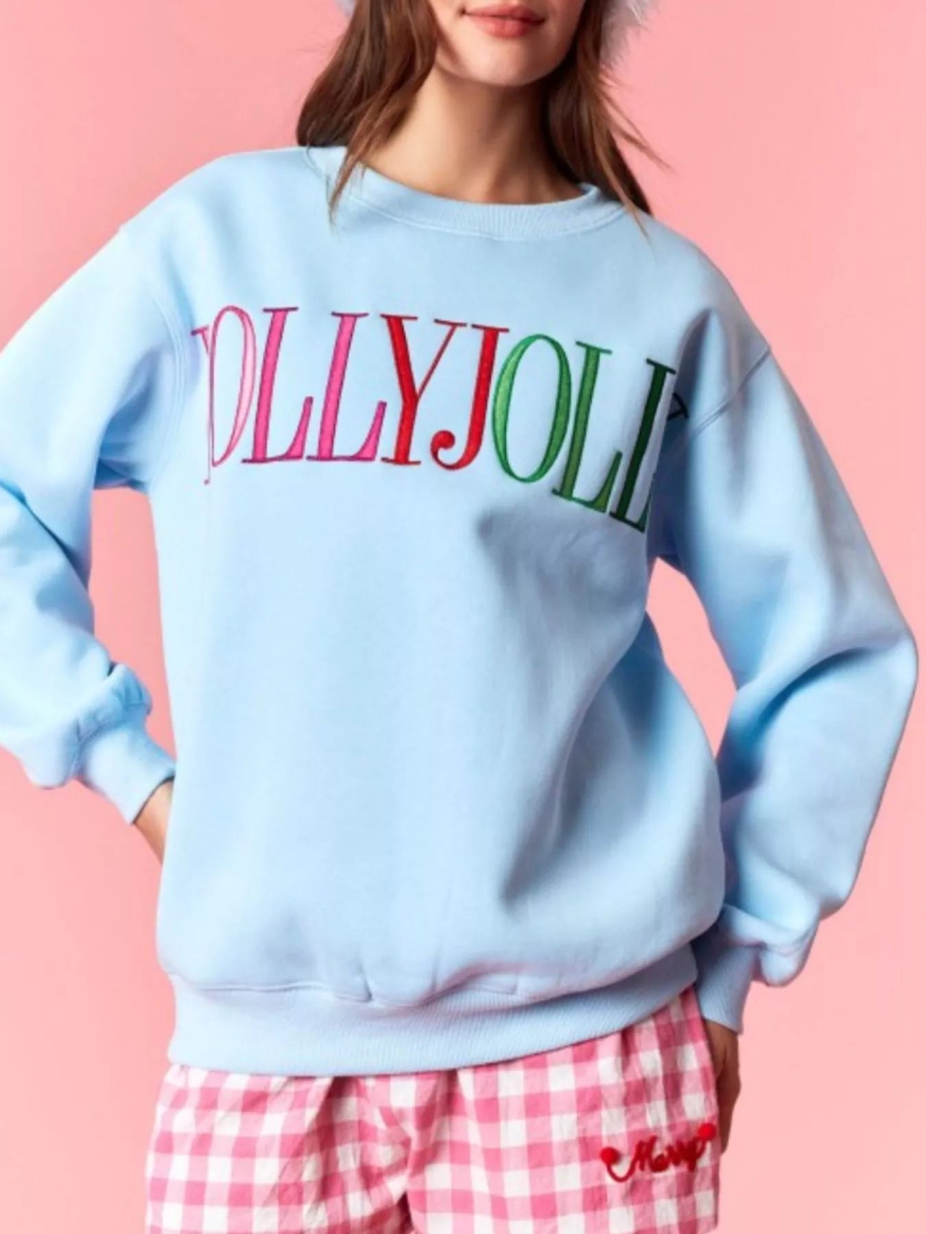 Holly Jolly Crew Neck Christmas Sweatshirt Blue OutfitFlow