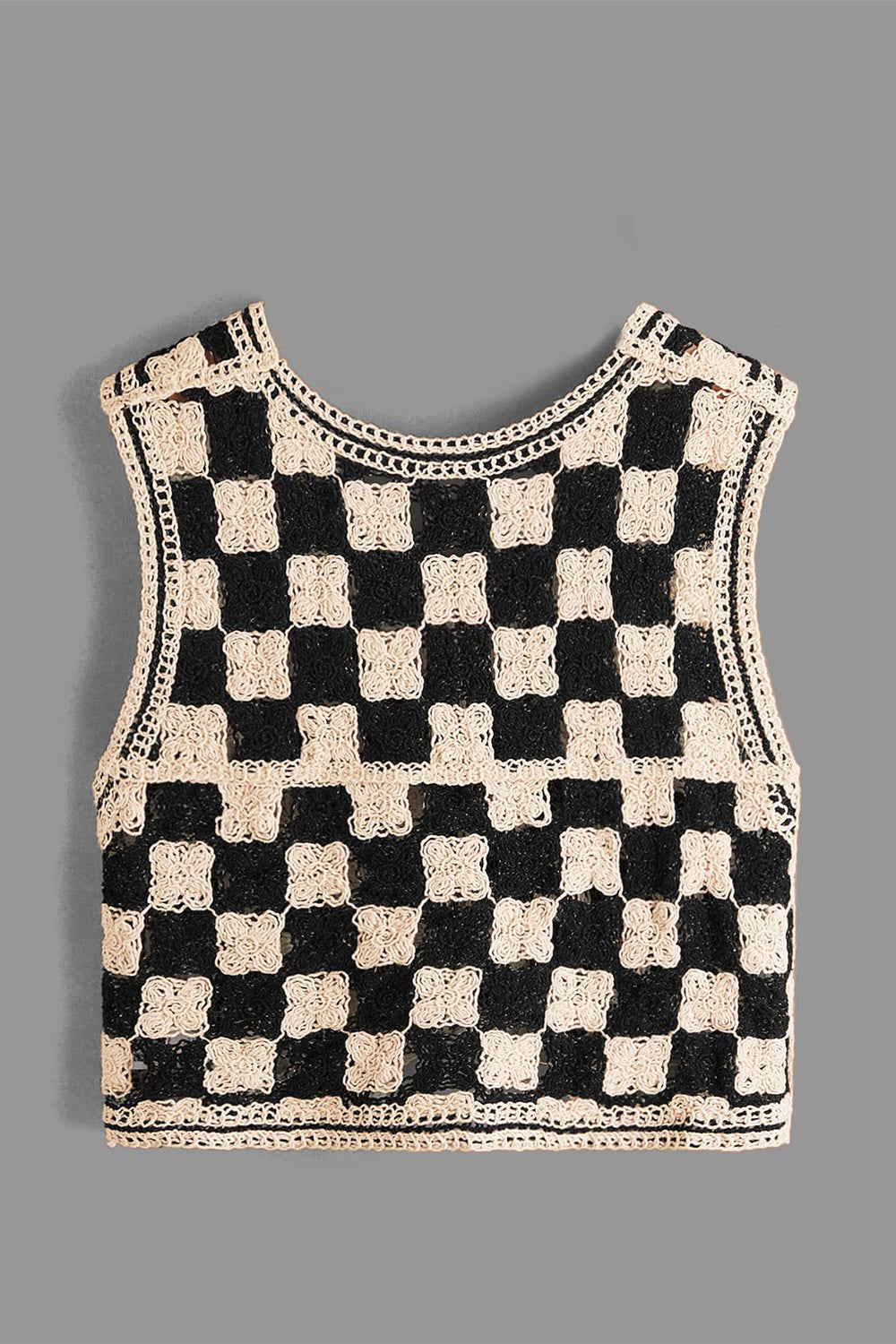 Outfit Flow - Crochet Checkered V-Neck Button Up Vest