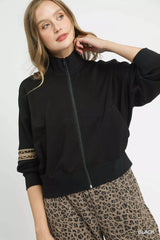 Umgee Zipper Up Cropped Jacket with Leopard Trim OutfitFlow