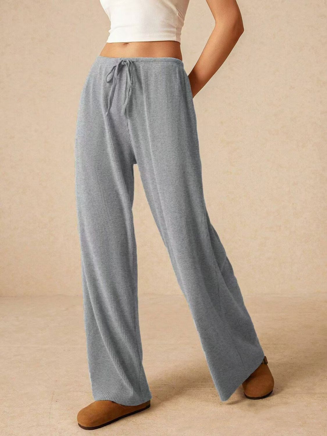 Outfit Flow - Ribbed Drawstring Wide Leg Pants