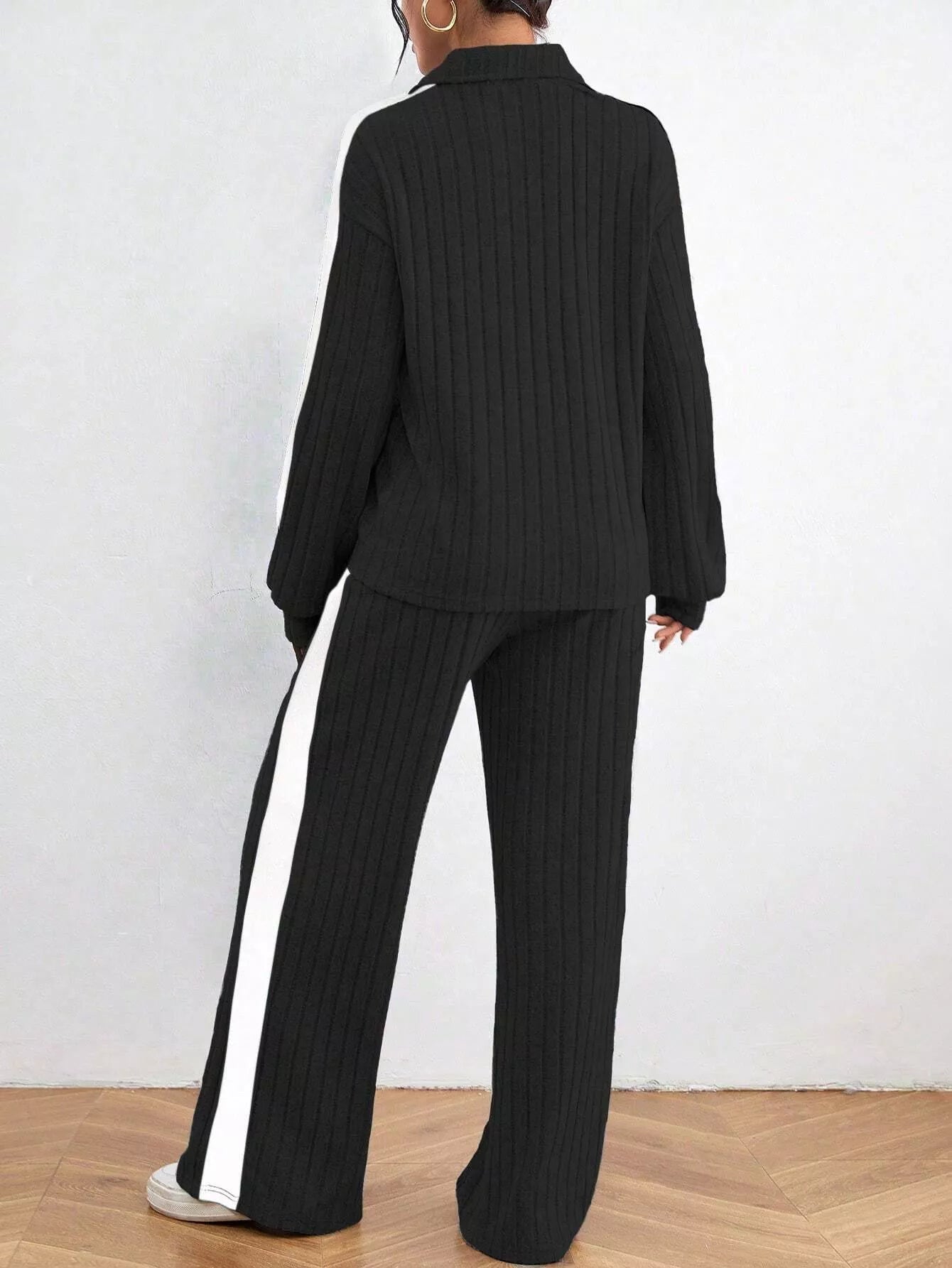 Ribbed Contrast Dropped Shoulder Top and Pants Set OutfitFlow