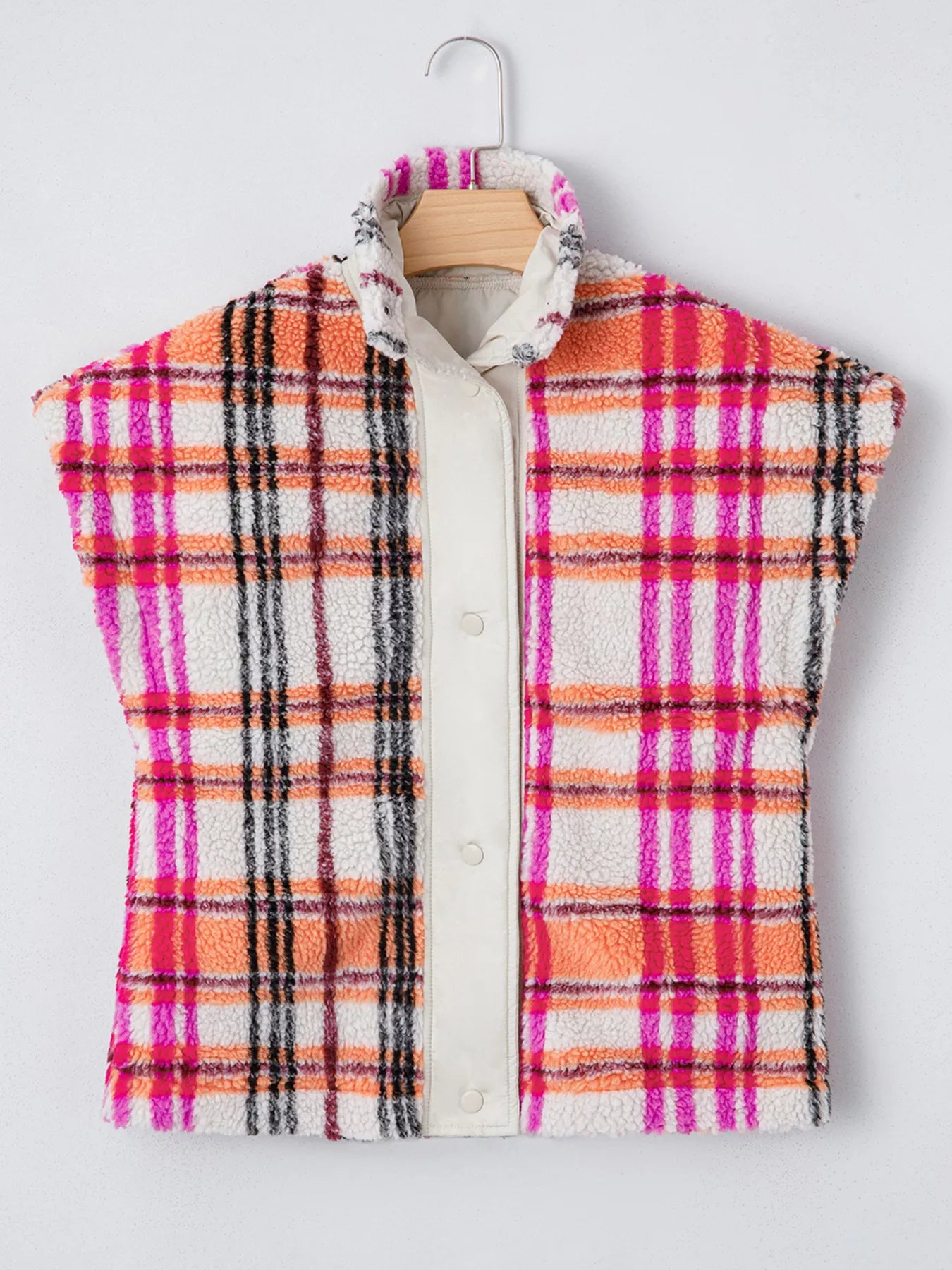 Sherpa Plaid Snap Down Vest Coat Trendsi