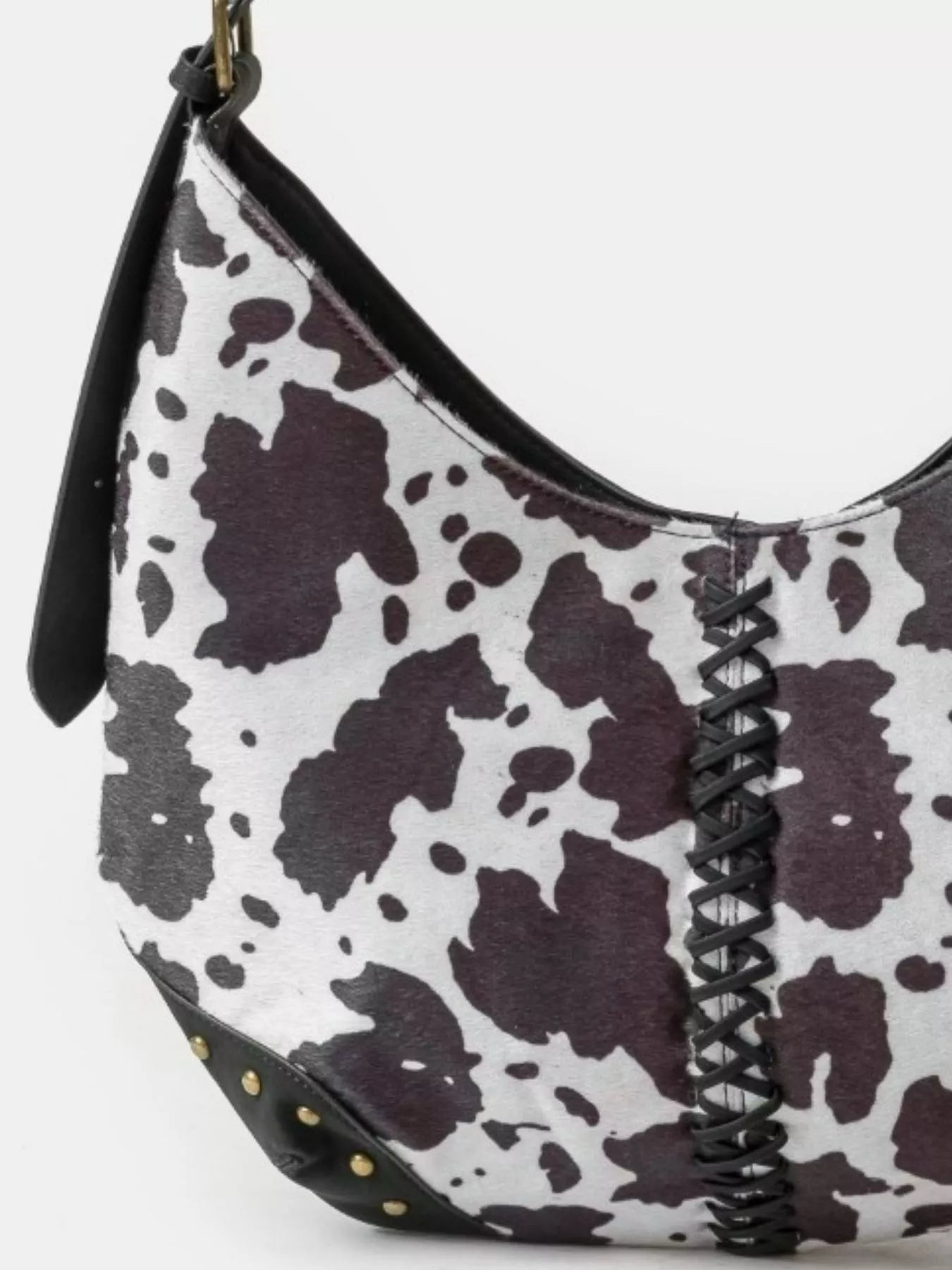 Fame Cow Print Hobo Shoulder Bag with Studded Details OutfitFlow