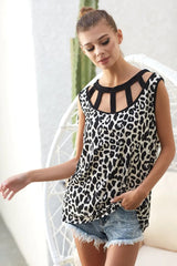 BiBi Leopard Printed Soft Rib Knit Front Sut Out Top OutfitFlow
